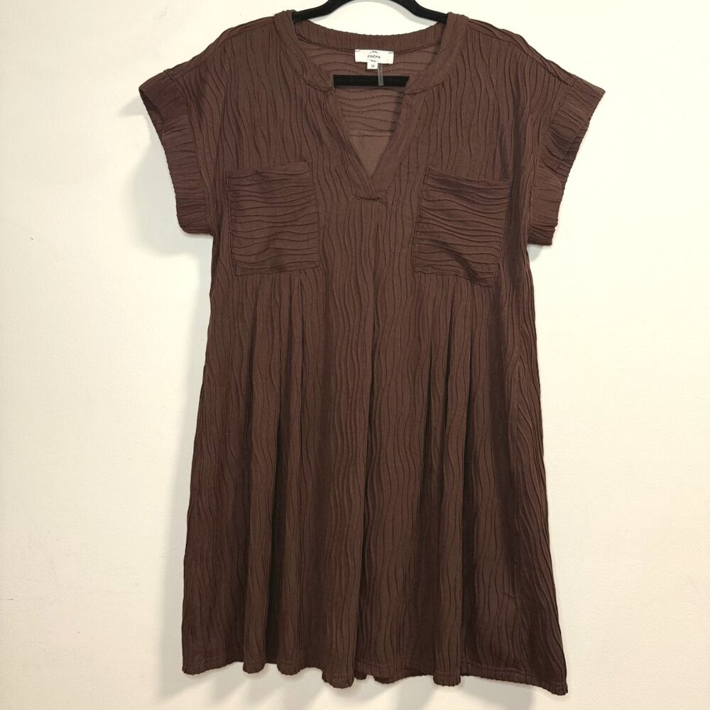 Crinkle Textured Brown Short Sleeve Dress Pockets Lined by Entro Size Women's M